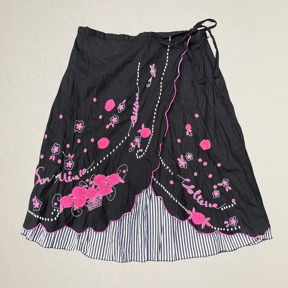 Y2K black and pink layered wrap skirt floral embroidered, whimsigoth fairycore